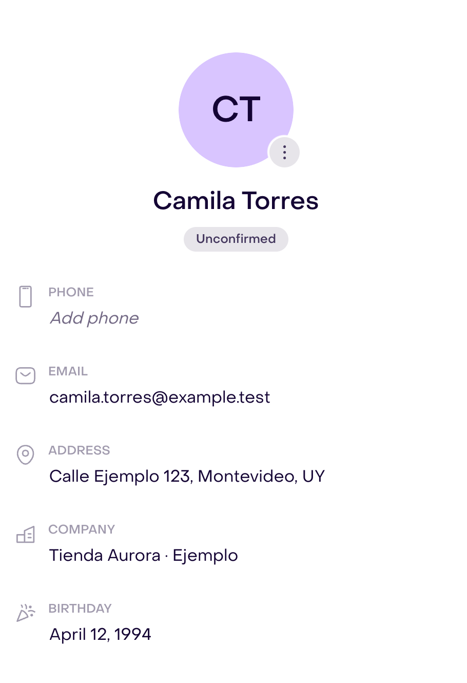 Fictional Camila Torres profile, Unconfirmed, with example email, address, company, and birthday; no phone.