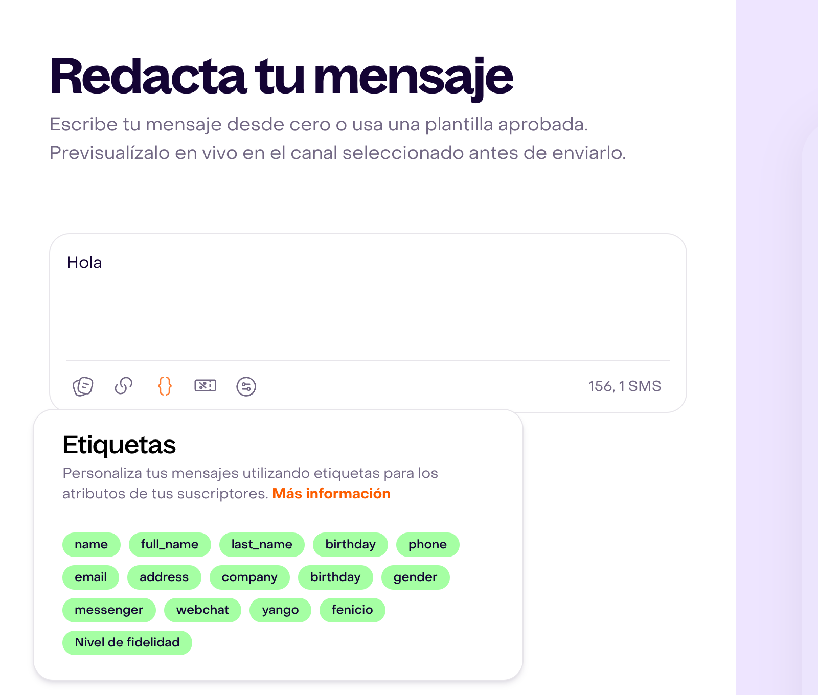 Selector Etiquetas abierto en un borrador ficticio de campaña; muestra etiquetas de perfil y Nivel de fidelidad.