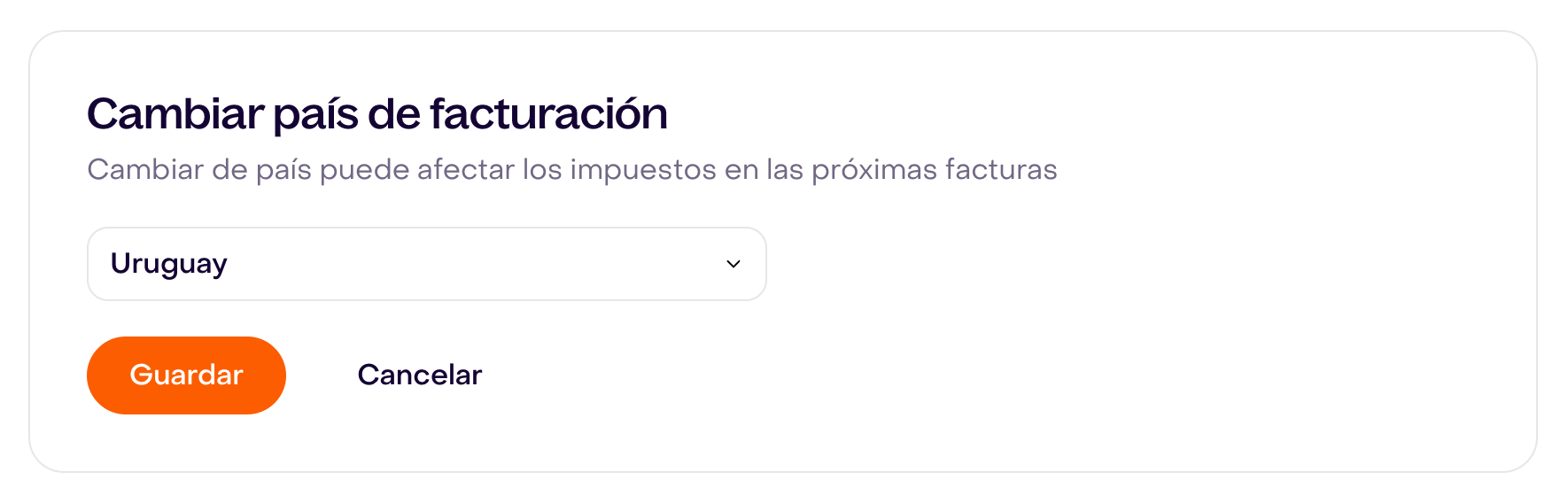 Formulario real Cambiar país de facturación con Uruguay seleccionado, aviso sobre impuestos, Guardar y Cancelar.