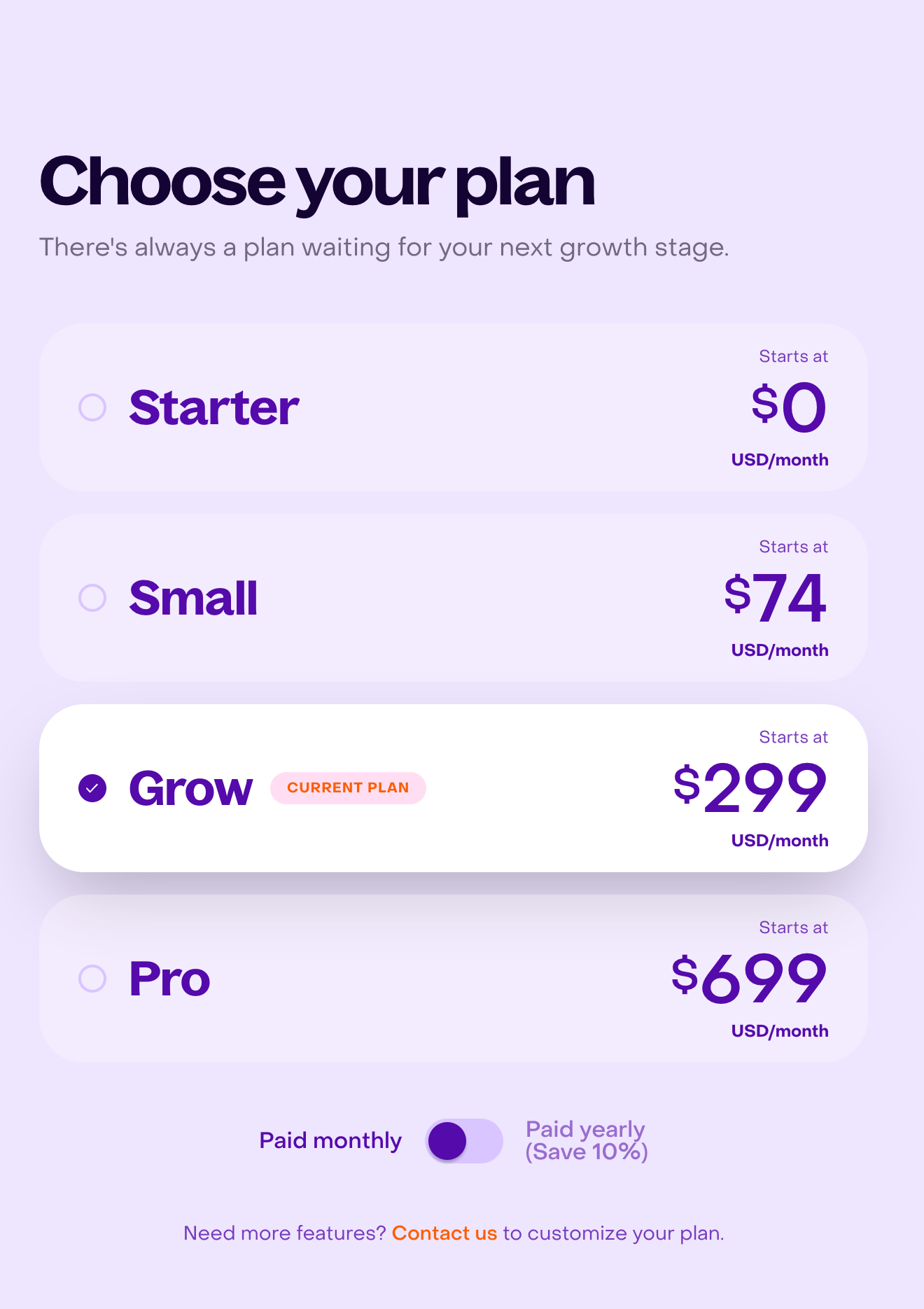 Comparison with four plans, Grow as the current plan, Pro as a higher option, and the monthly or yearly payment control.
