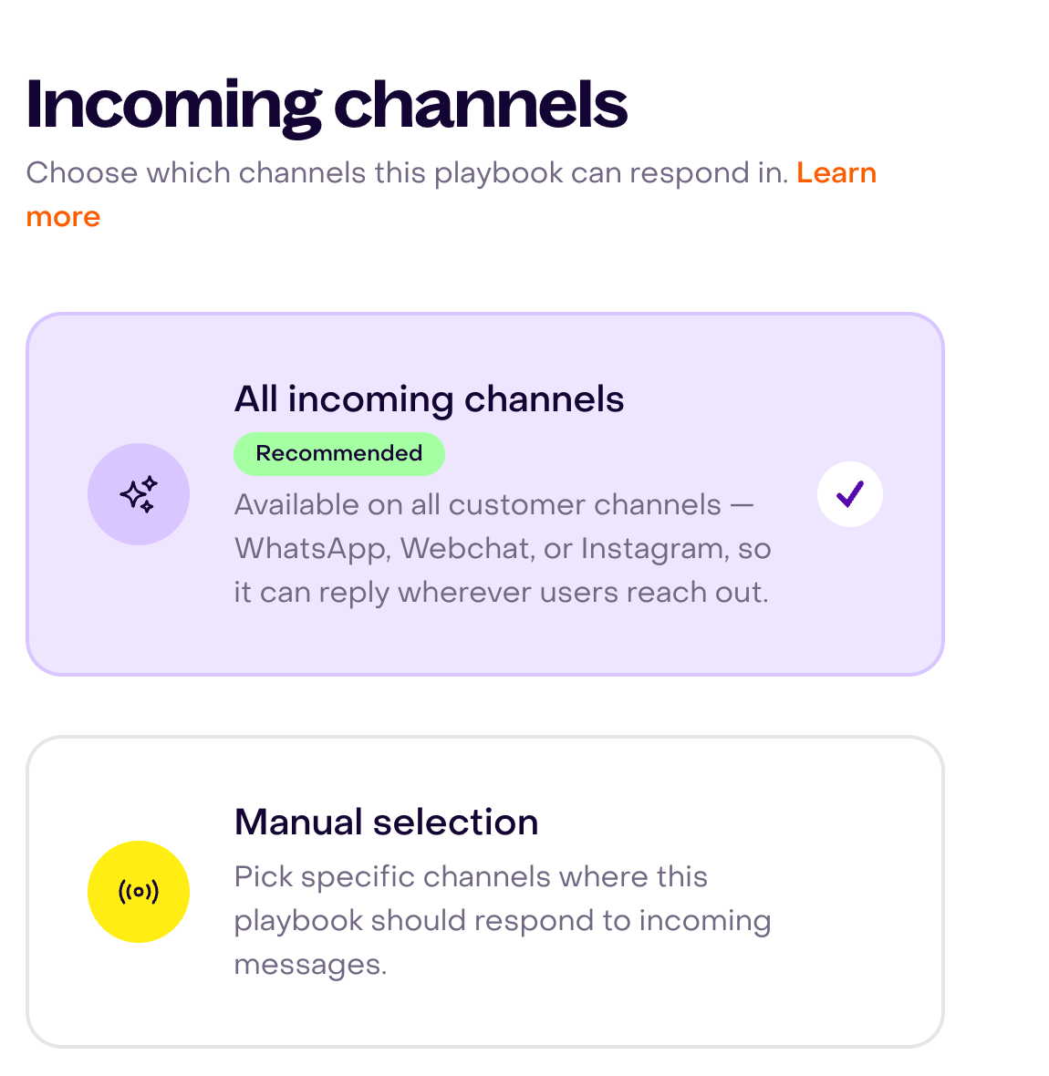 Incoming-channel control with all channels selected and a manual-selection option.