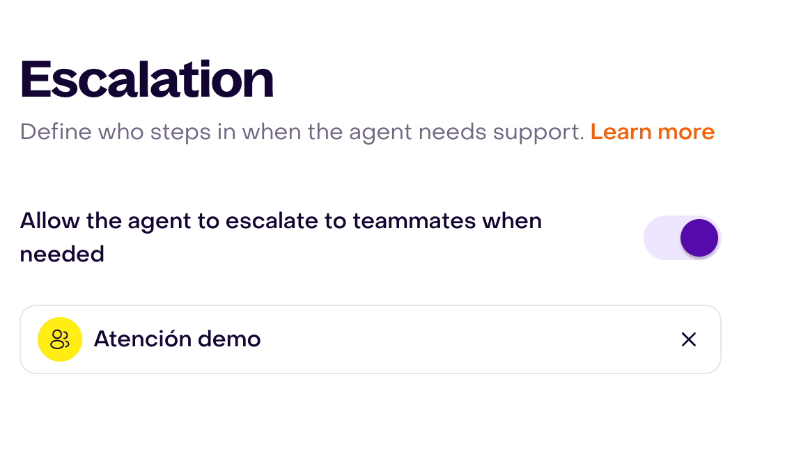 Real unsaved Property Collector draft with Escalation enabled in the editor and the fictional team Atención demo selected.