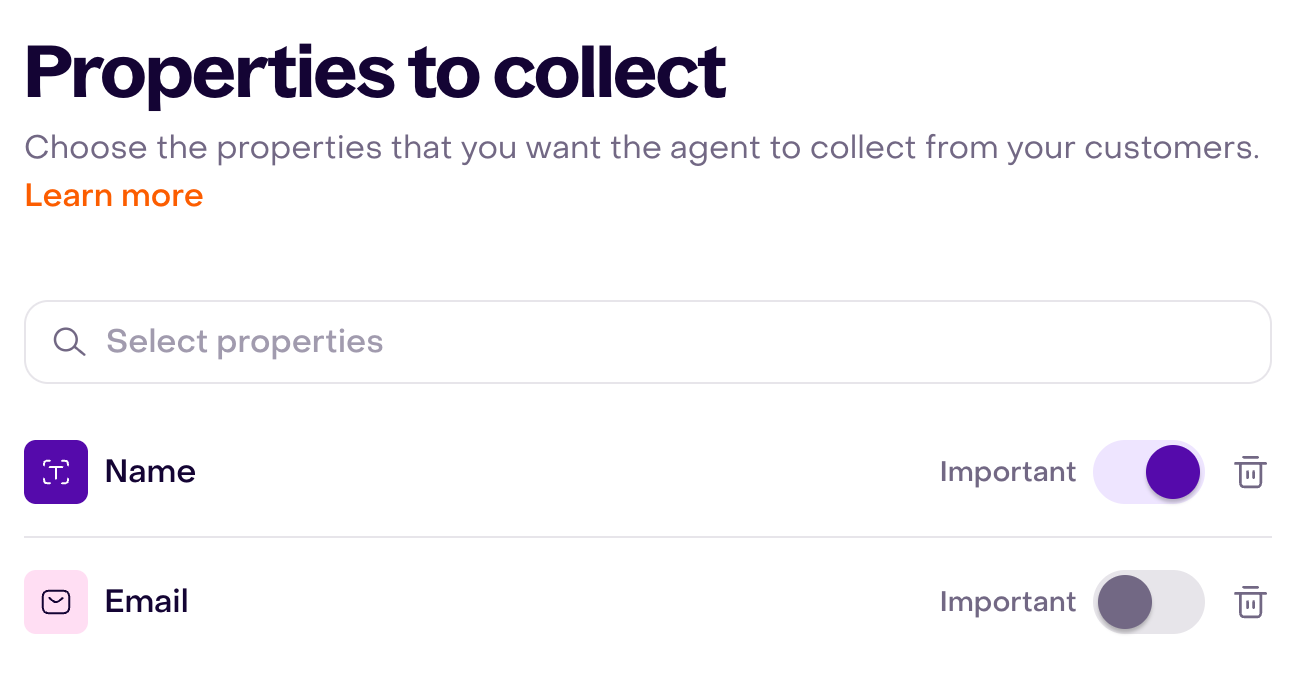 Fictional editor with Name marked important and Email optional in the property collection list.