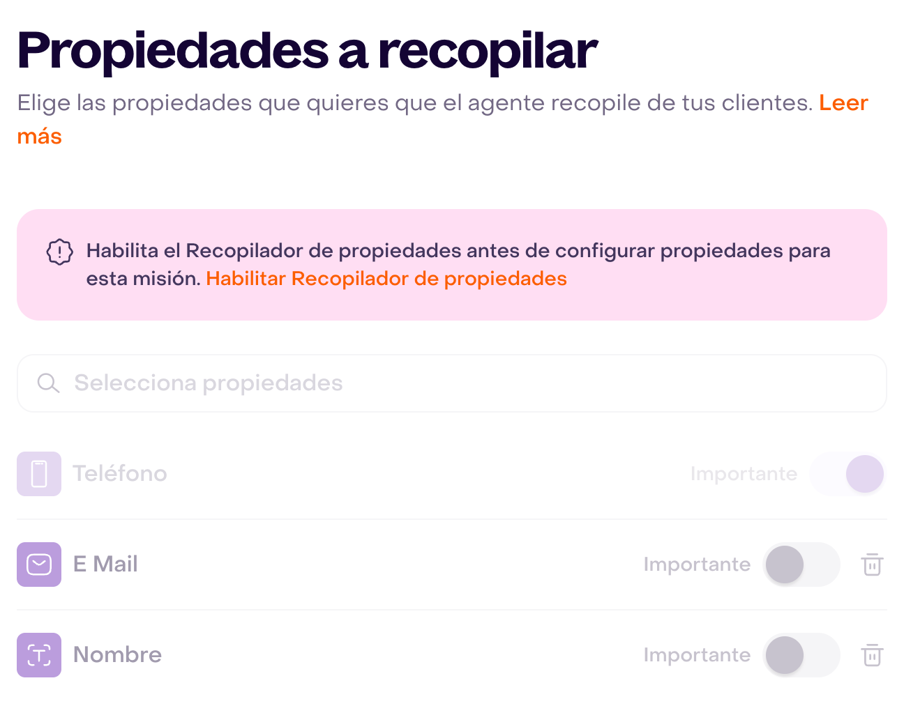 Impulsor de Suscriptores muestra el aviso para habilitar Recolector de Propiedades y desactiva su selección de propiedades.
