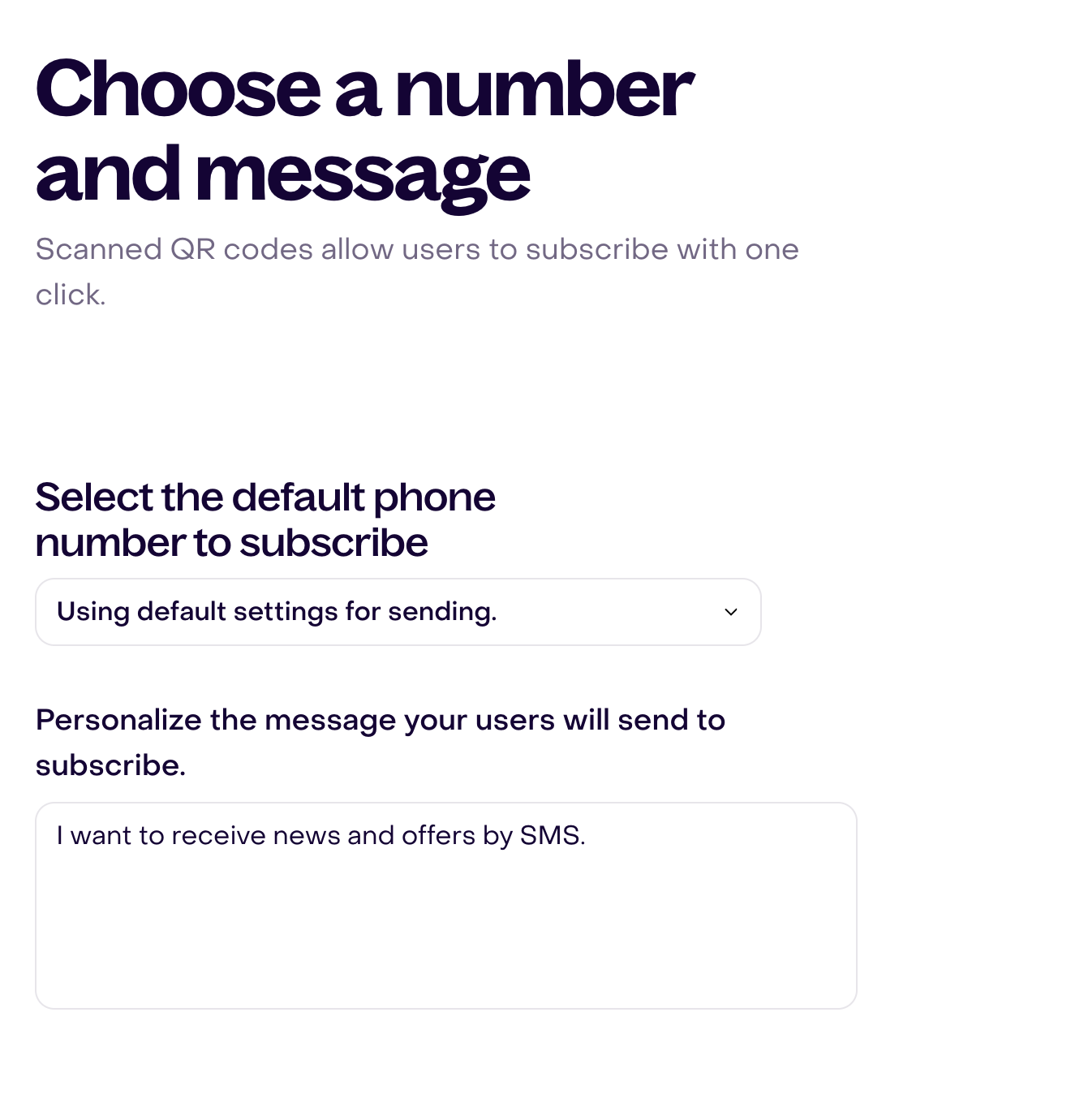 Default number and fictional opt-in text in the QR code editor.