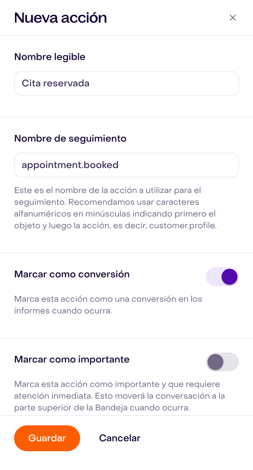 Borrador de Nueva acción: Cita reservada, appointment.booked, conversión activada e importancia desactivada.