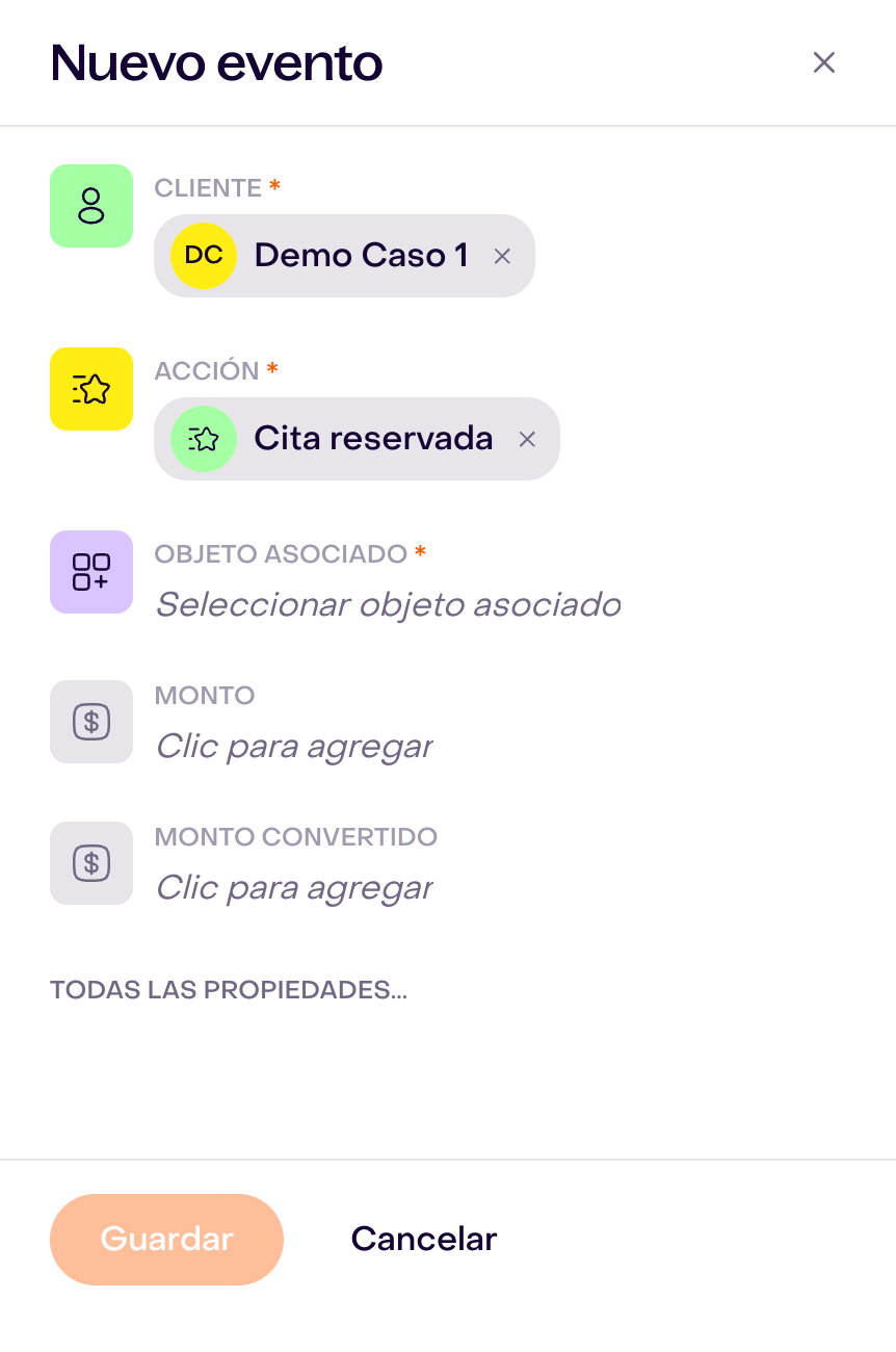 Nuevo evento para Demo Caso 1 con Cita reservada seleccionada, objeto asociado requerido sin completar y Guardar deshabilitado.
