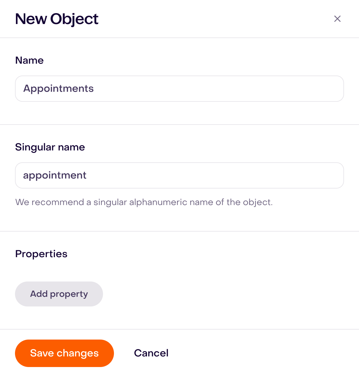 New Object draft with Name Appointments and Singular name appointment, before adding properties.
