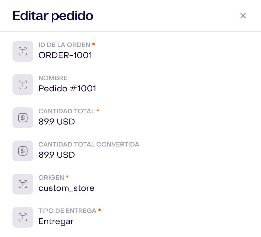 Editor real de un pedido ficticio ORDER-1001 con origen custom_store, total USD 89.90 y entrega Entregar.