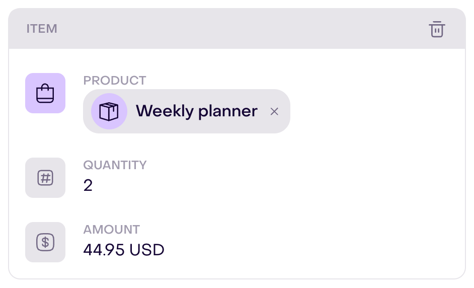 Real item control for a fictional order: Weekly planner, quantity 2, and USD 44.95 unit amount.