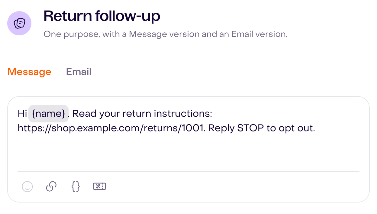 Message/SMS draft with a name, personalization variable, URL, and opt-out instruction.