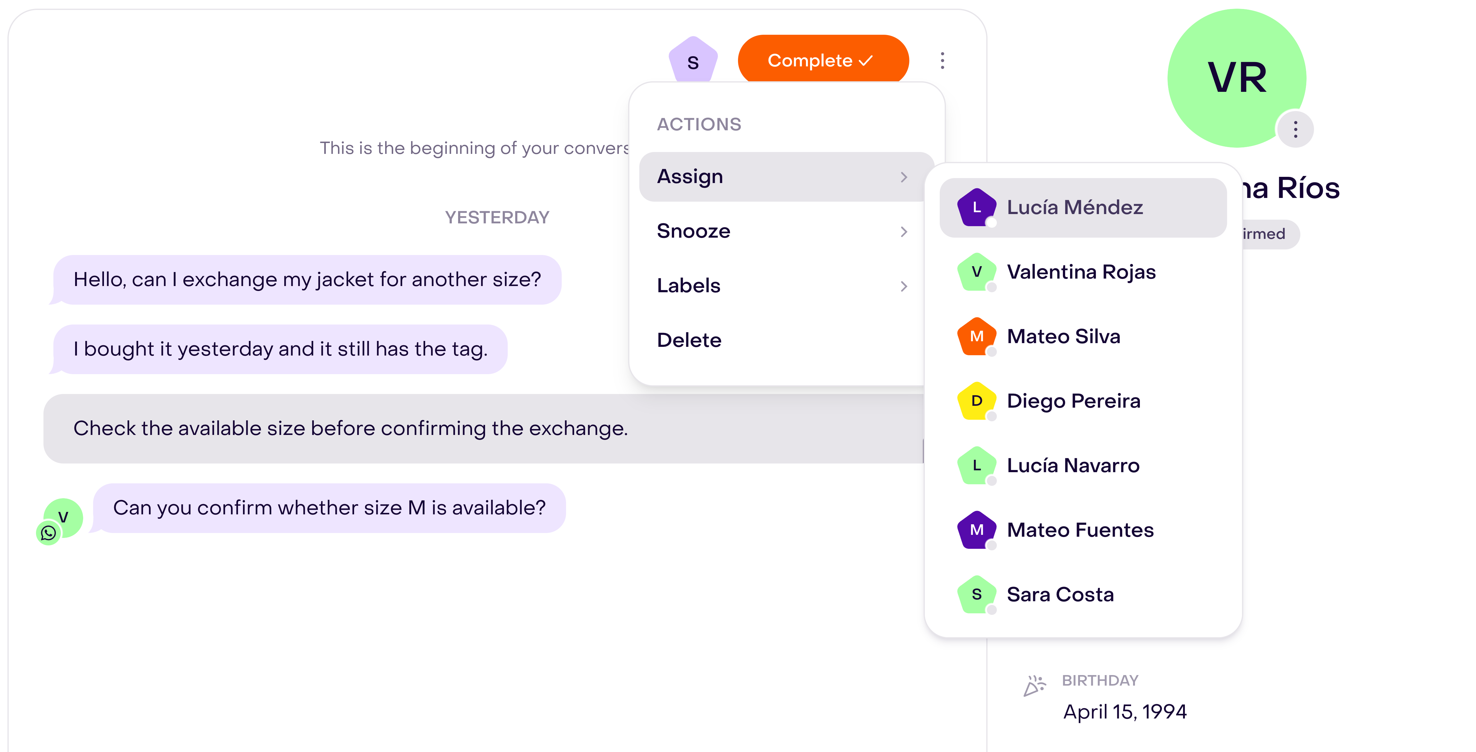 Inbox Actions menu with Assign open and teammate options to choose.