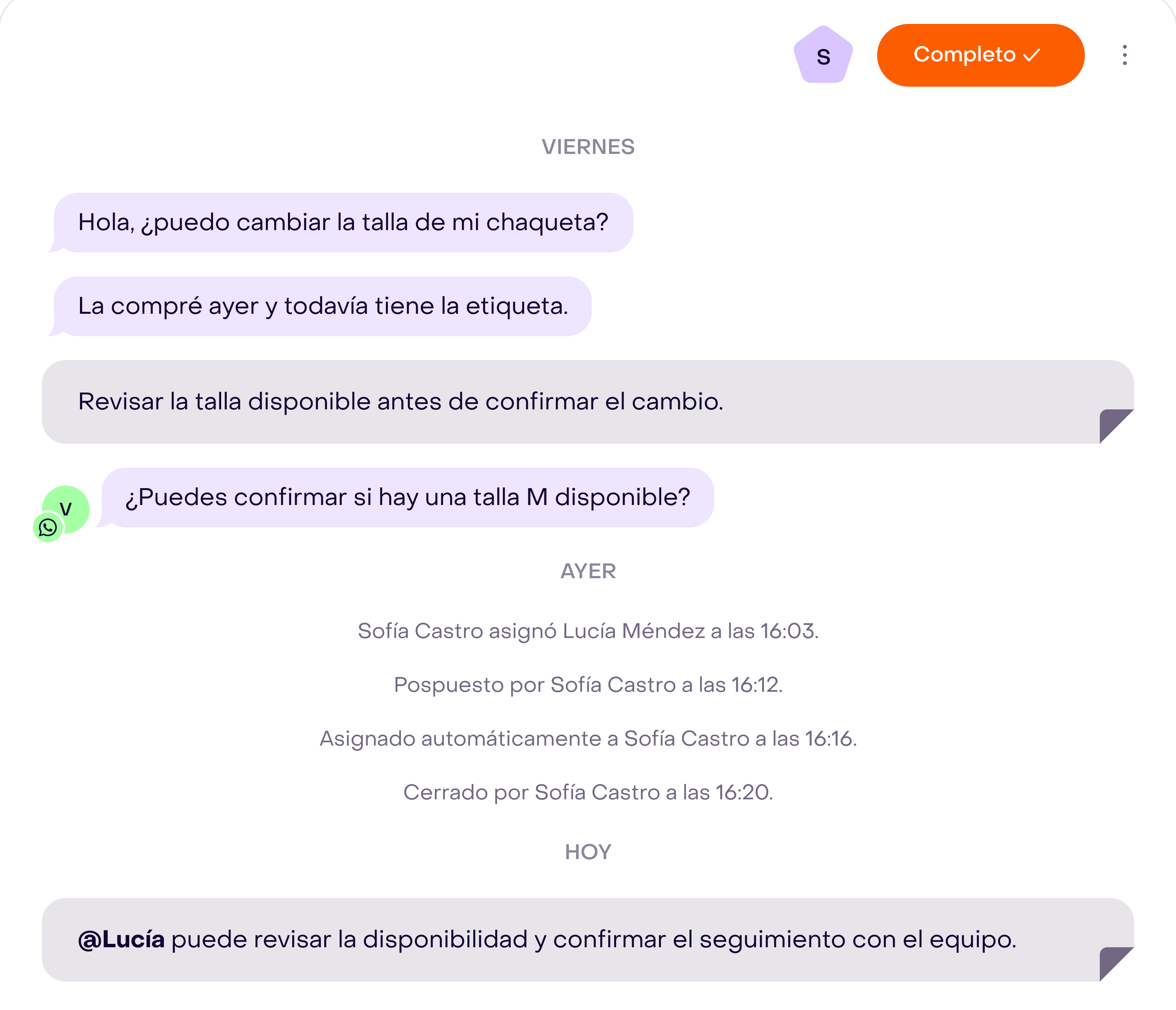 Nota interna con una mención en una conversación del Inbox.