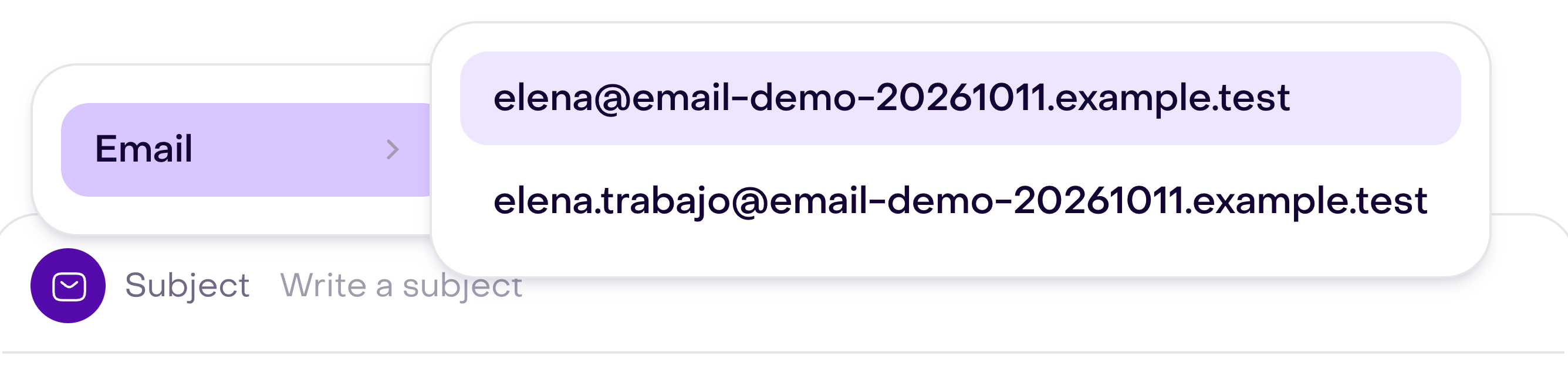 Inbox Email menu showing two email addresses for the same example customer.