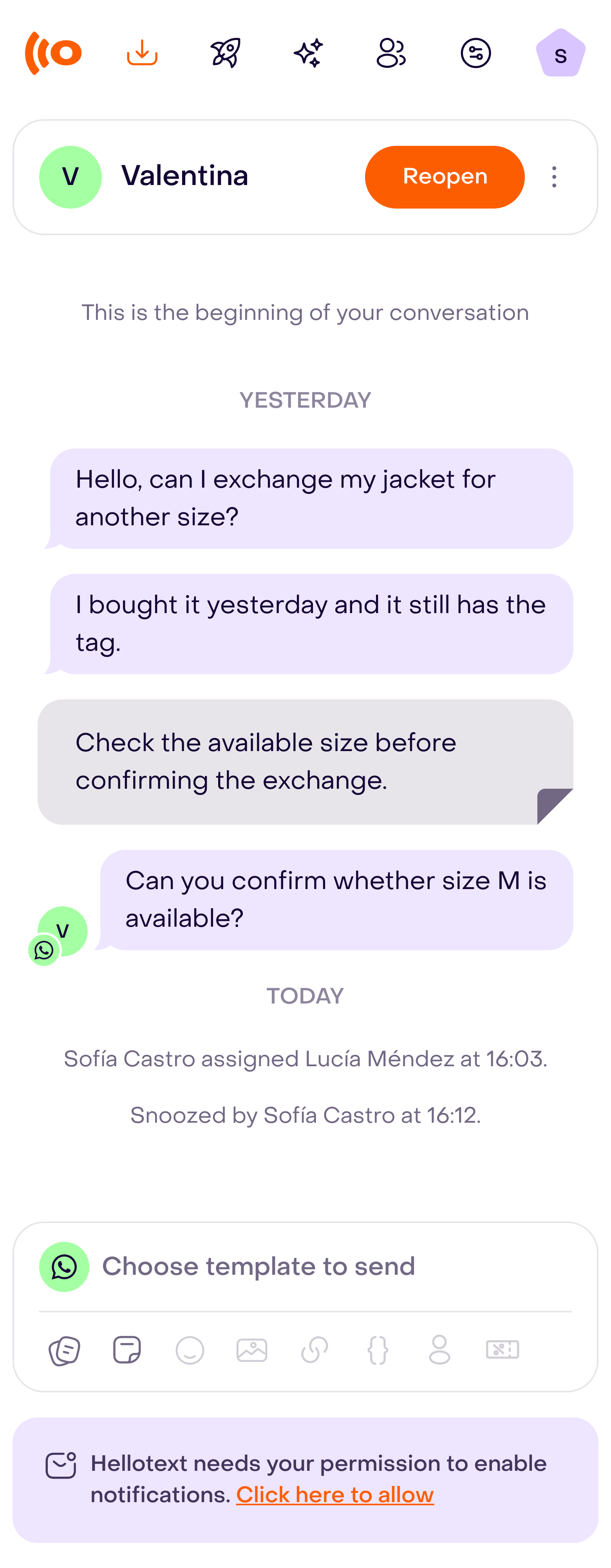 Snoozed Inbox conversation with Reopen and the snooze record visible.