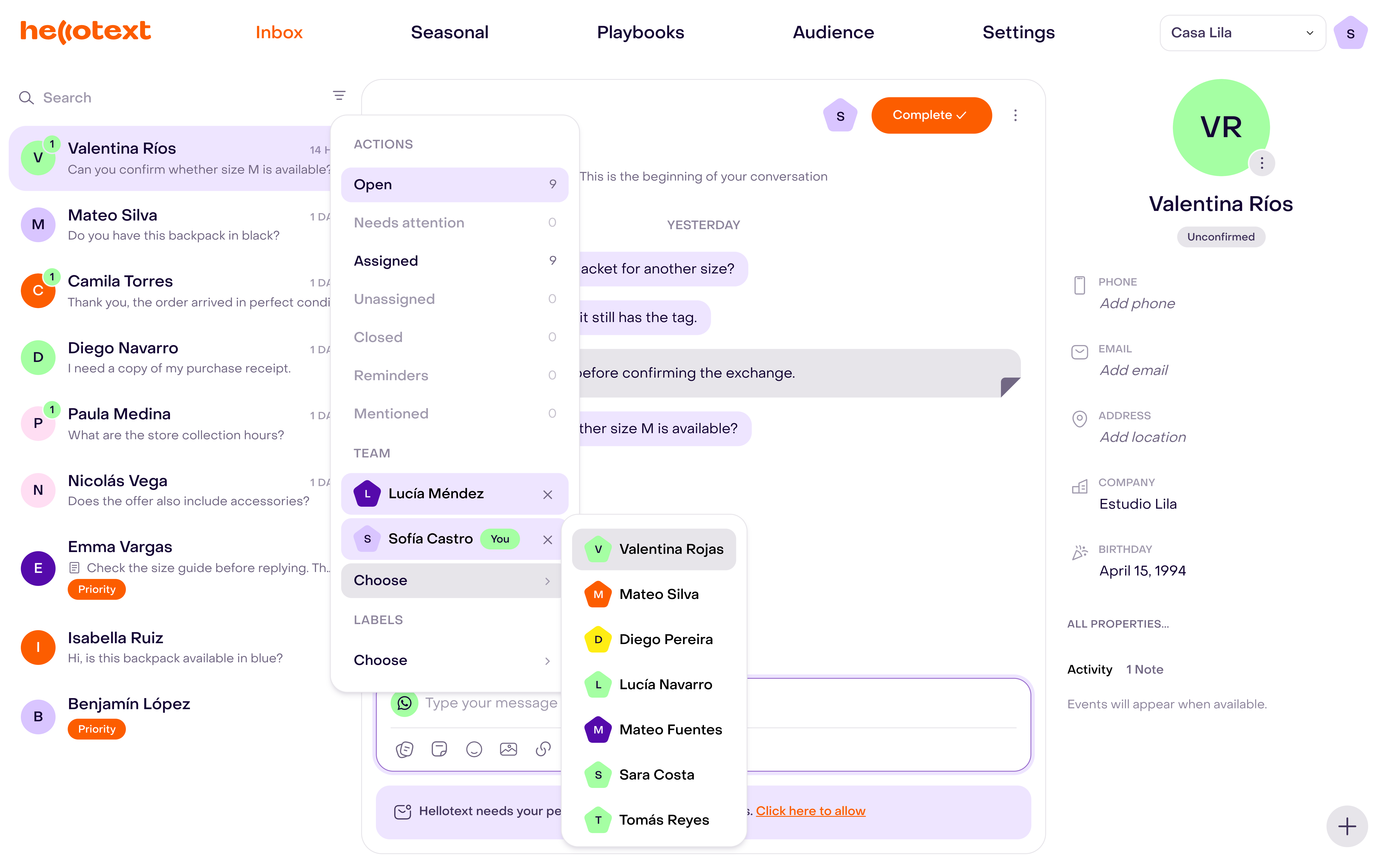 Inbox Show filters menu with Team and the Choose selector open, available teammates, and the conversation list behind it.