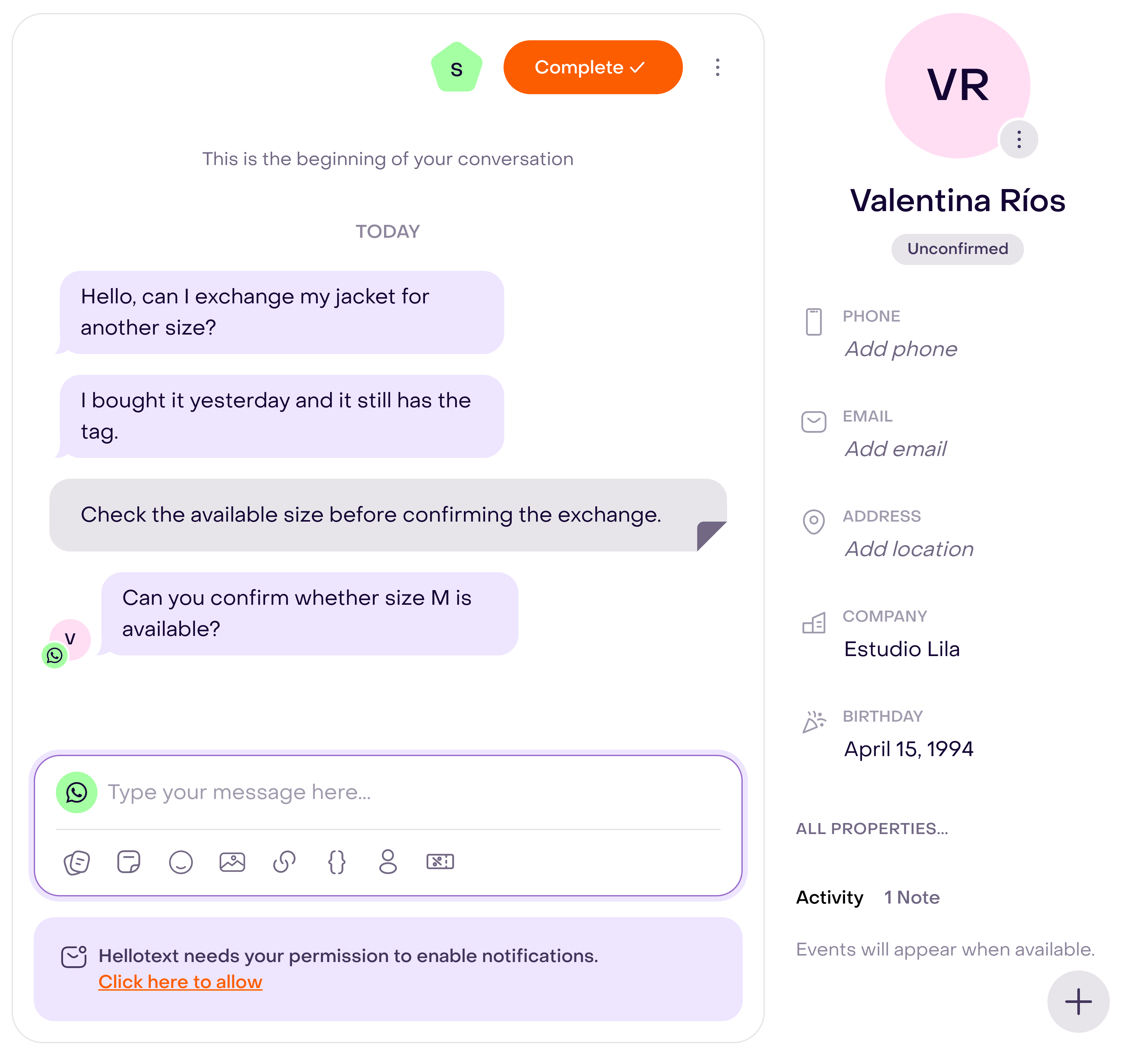 Empty WhatsApp reply editor below the history of a fictional Inbox conversation with its native controls visible.