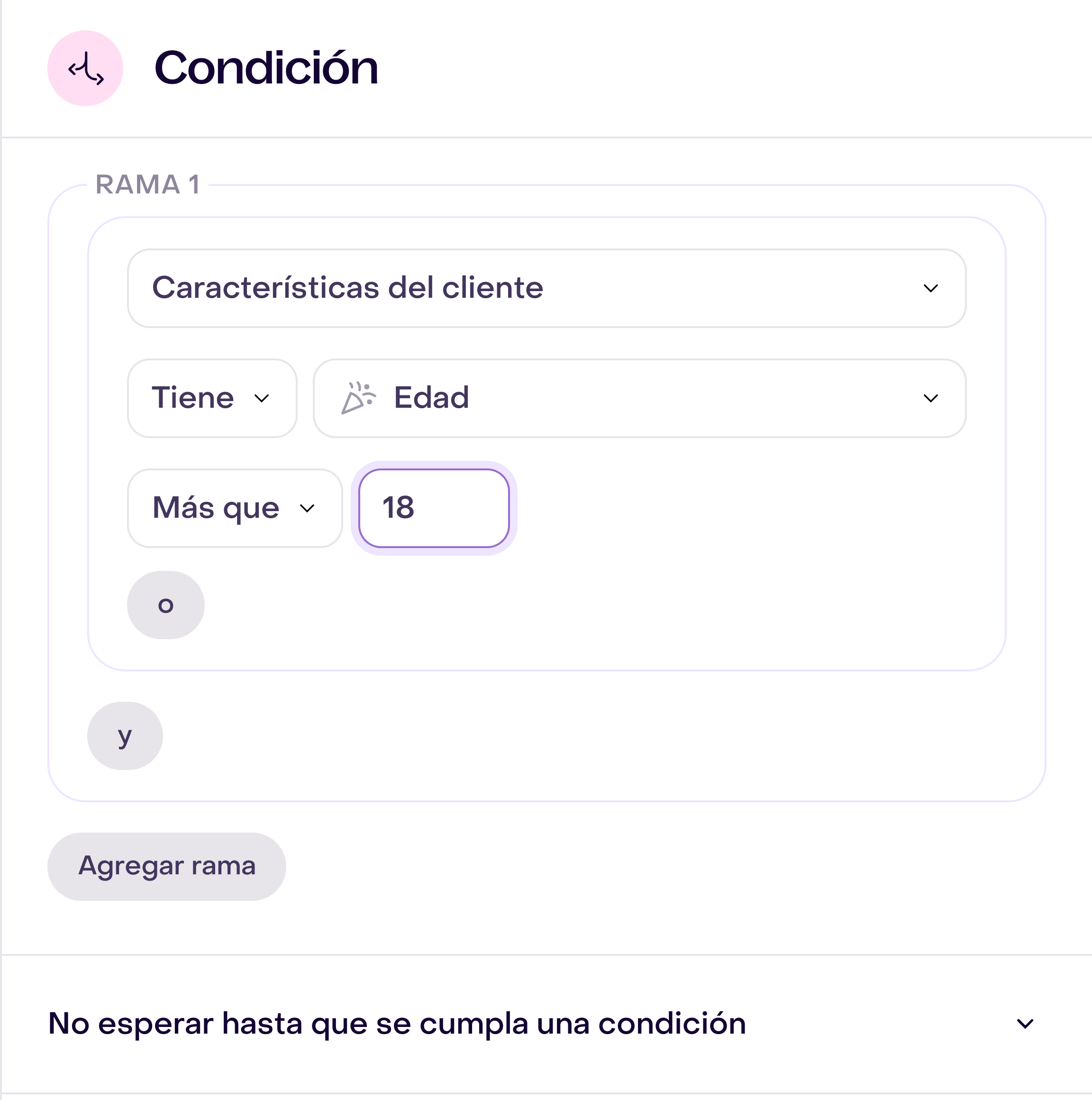 Panel Condición con una regla de Edad, Más que, 18 y la opción de no esperar hasta que se cumpla una condición.
