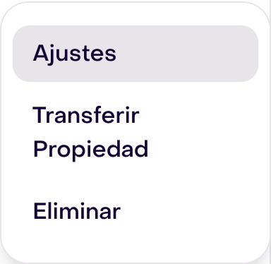 Menú de un miembro ficticio con Ajustes, Transferir Propiedad y Eliminar; ninguna acción ejecutada.