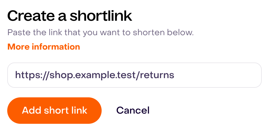 Real Create a shortlink form with a fictional URL not added and complete Add short link and Cancel buttons.