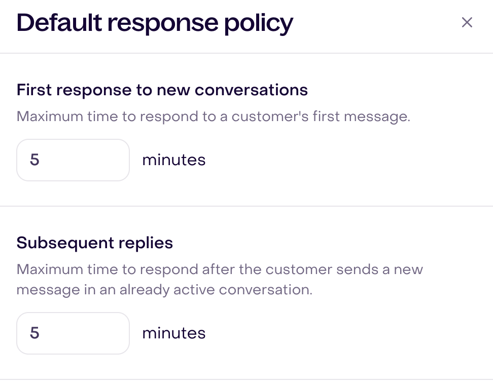 Real Default response policy with two existing 5-minute targets in a fictional account; no changes or save.